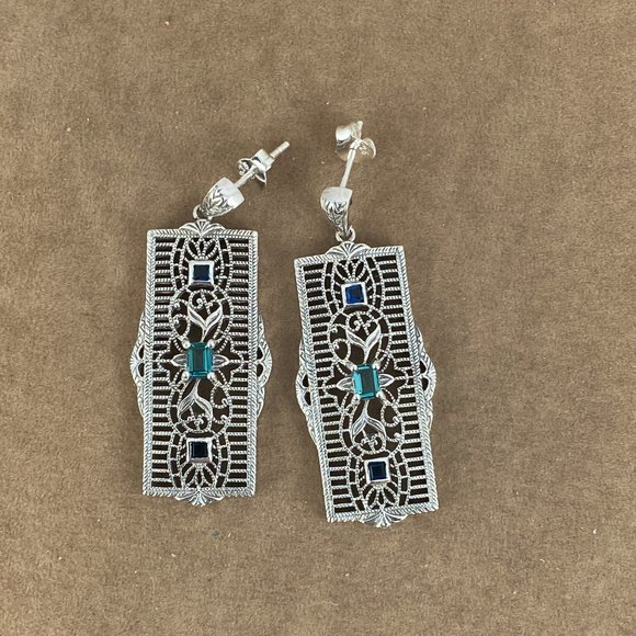 Hand Crafted Natural 1CT TW Apatite & Sapphire 925 Sterling Filigree Earrings - Picture 3 of 6